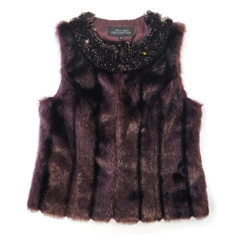 Fabulous Fur Vest Vegan Brown Plum Beaded Embellished Neck S Donna Salyers